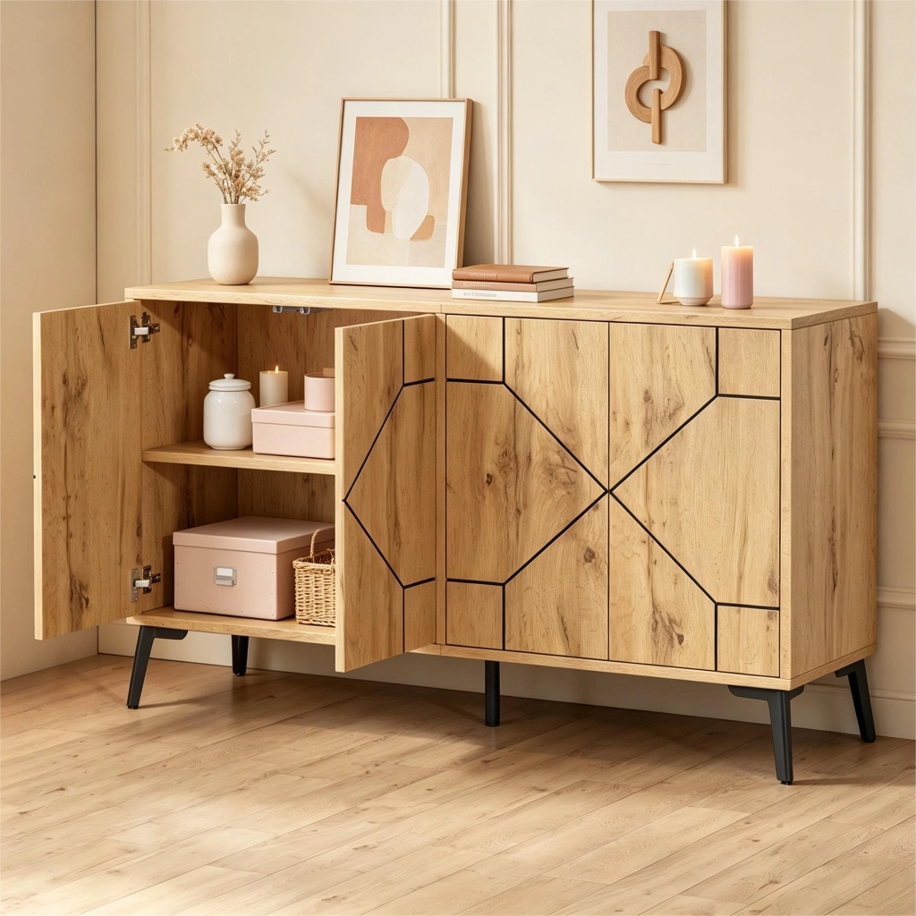 Credenza e madia con 4 ante e 4 vani, chiusura push-open, per soggiorno e cucina, in MDF, naturale, 120 × 35 × 69 cm