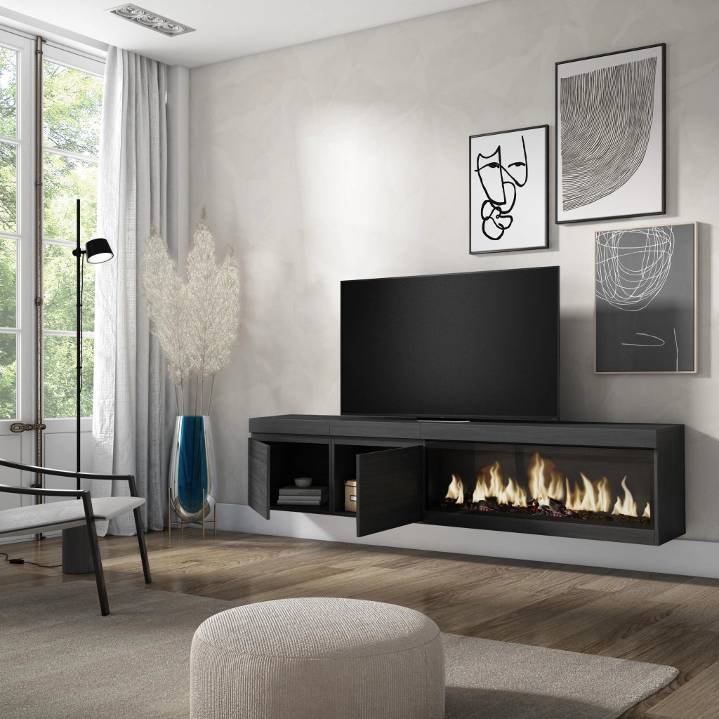 Mobile TV Soggiorno, 208x35x45cm, Per TV fino a 80", Camino elettrico XXL, da appendere, Nero RF3263