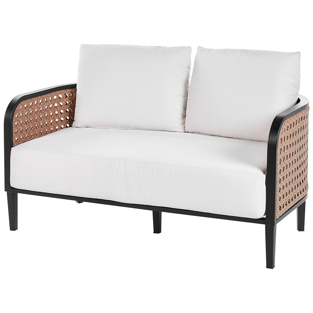 Divano da giardino a 2 posti in metallo e alluminio con spessi cuscini idrorepellenti bianco sporco esterno patio stile moderno