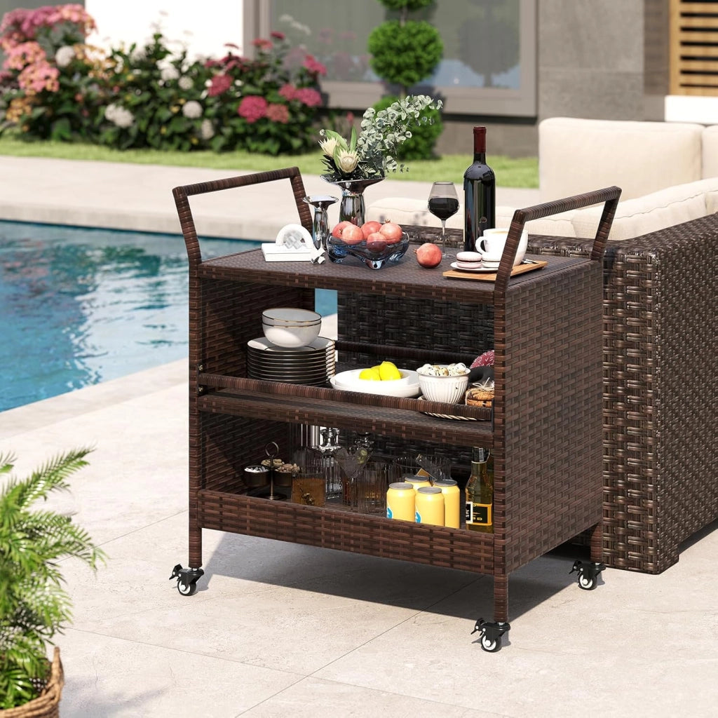 Carrello da portata per esterni, in rattan, da cucina su ruote, con 3 livelli con maniglie laterali, per barbecue, per giardino, piscina, terrazzo, 86 x 50 x 89 cm