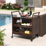 Carrello da portata per esterni, in rattan, da cucina su ruote, con 3 livelli con maniglie laterali, per barbecue, per giardino, piscina, terrazzo, 86 x 50 x 89 cm