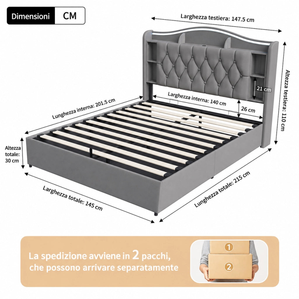 Letto matrimoniale con contenitore idraulico 140x200cm, testiera velluto grigio, luci LED RGB, ricarica USB‑wireless, scomparti porta‑oggetti