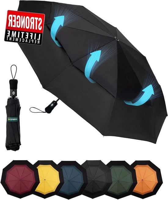 Paraplu portatile, resistente al vento, con doppia ventilazione, 102cm di apertura per la protezione contro la pioggia e il vento