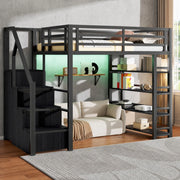 Letto a soppalco 140x200 cm con armadio; scaffale; scala contenitore e LED; nero