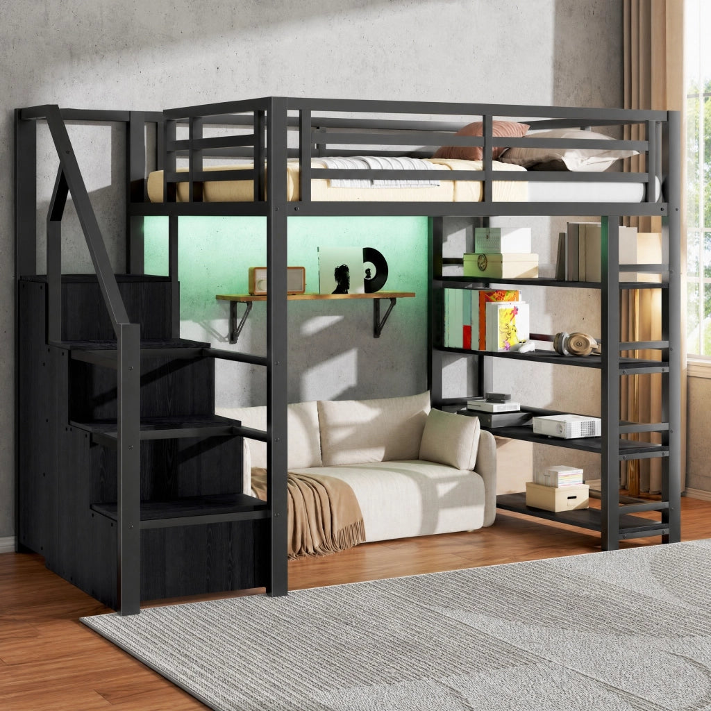 Letto a soppalco 140x200 cm con armadio; scaffale; scala contenitore e LED; nero