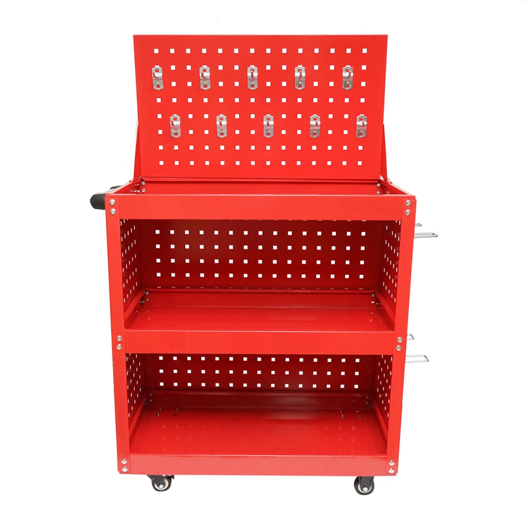 Carrello metallico su ruote con 3 ripiani e pannello con supporti per attrezzi 660x360x1080mm