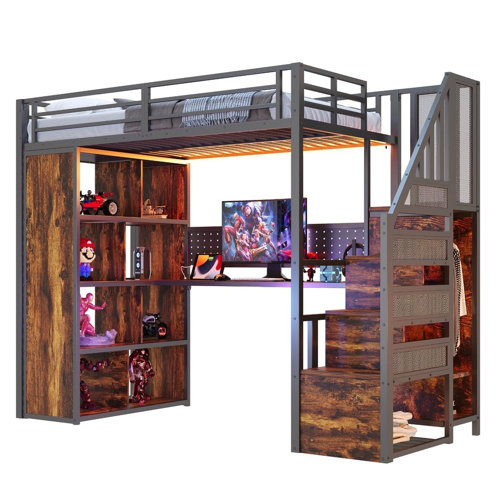 Letto a Soppalco con Armadio, Scrivania LED e Cassetti ¨C Xylo ¨C 90x200, Nero