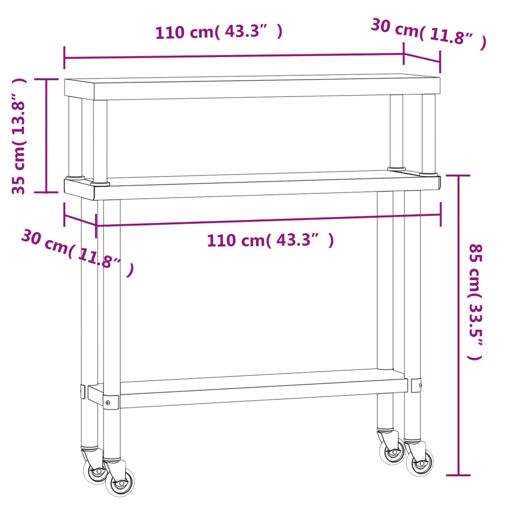 Tavolo Lavoro Cucina con Ripiano 110x30x120 cm Acciaio Inox CFW2911089