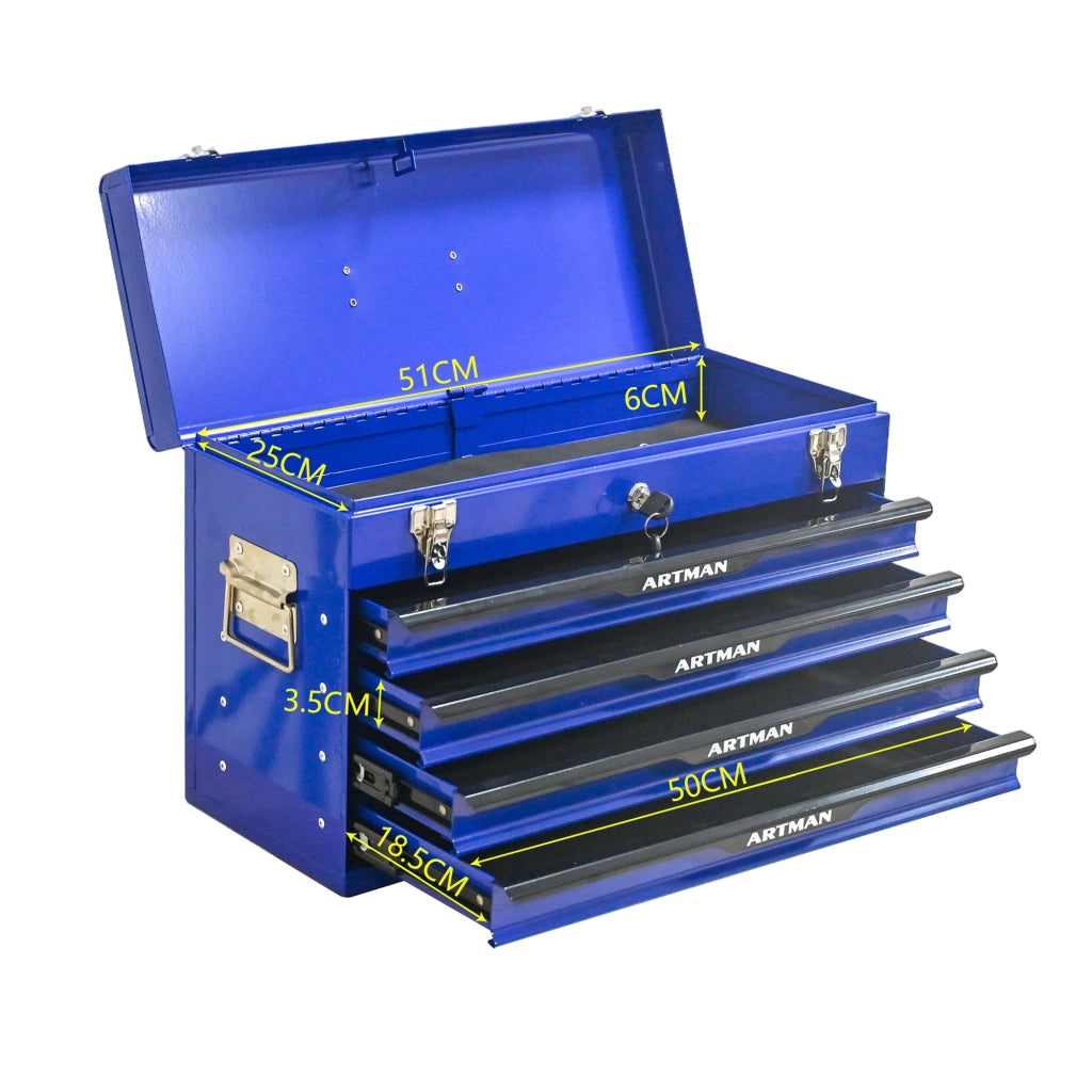 Cassettiera porta attrezzi con vano superiore e 3 cassetti - in acciaio - 60 x 29.5 x 42 cm - nero e blu