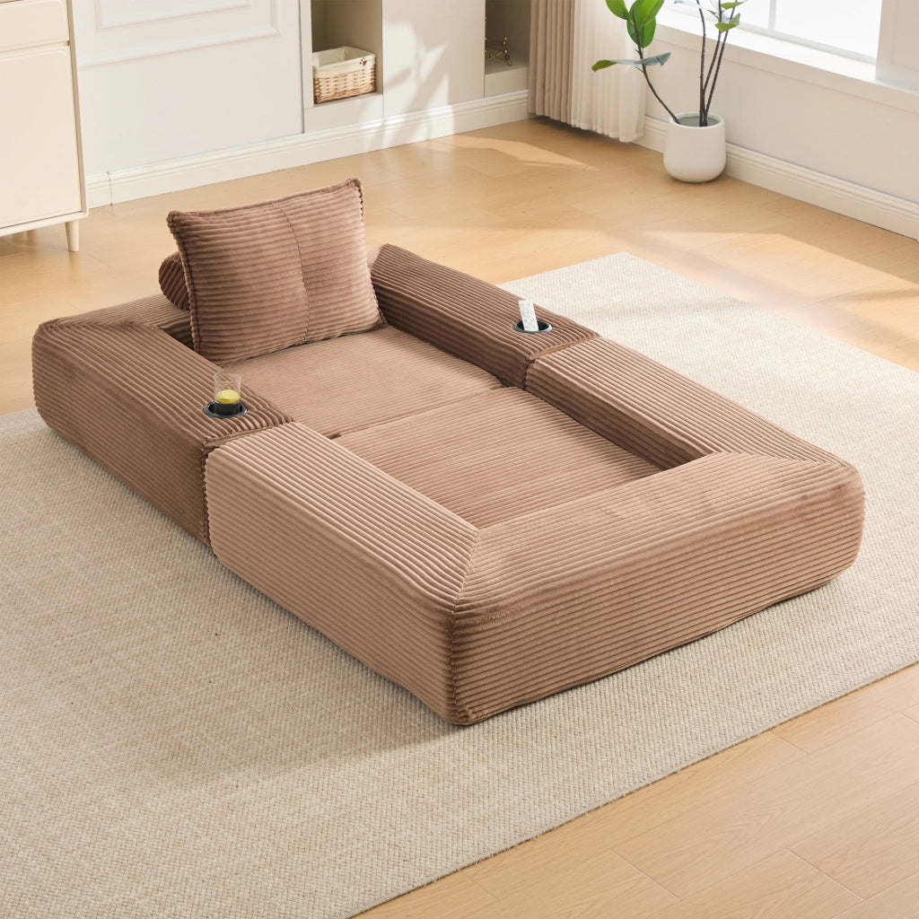 Divano letto modulare in velluto a coste con schiuma 30D, molle, tasche laterali e portabicchieri marrone
