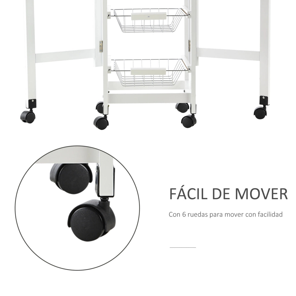 Carrello da cucina pieghevole con cassetto e cestini ¨C zephmum ¨C 97.2x37x77.5 cm bianco e rovere