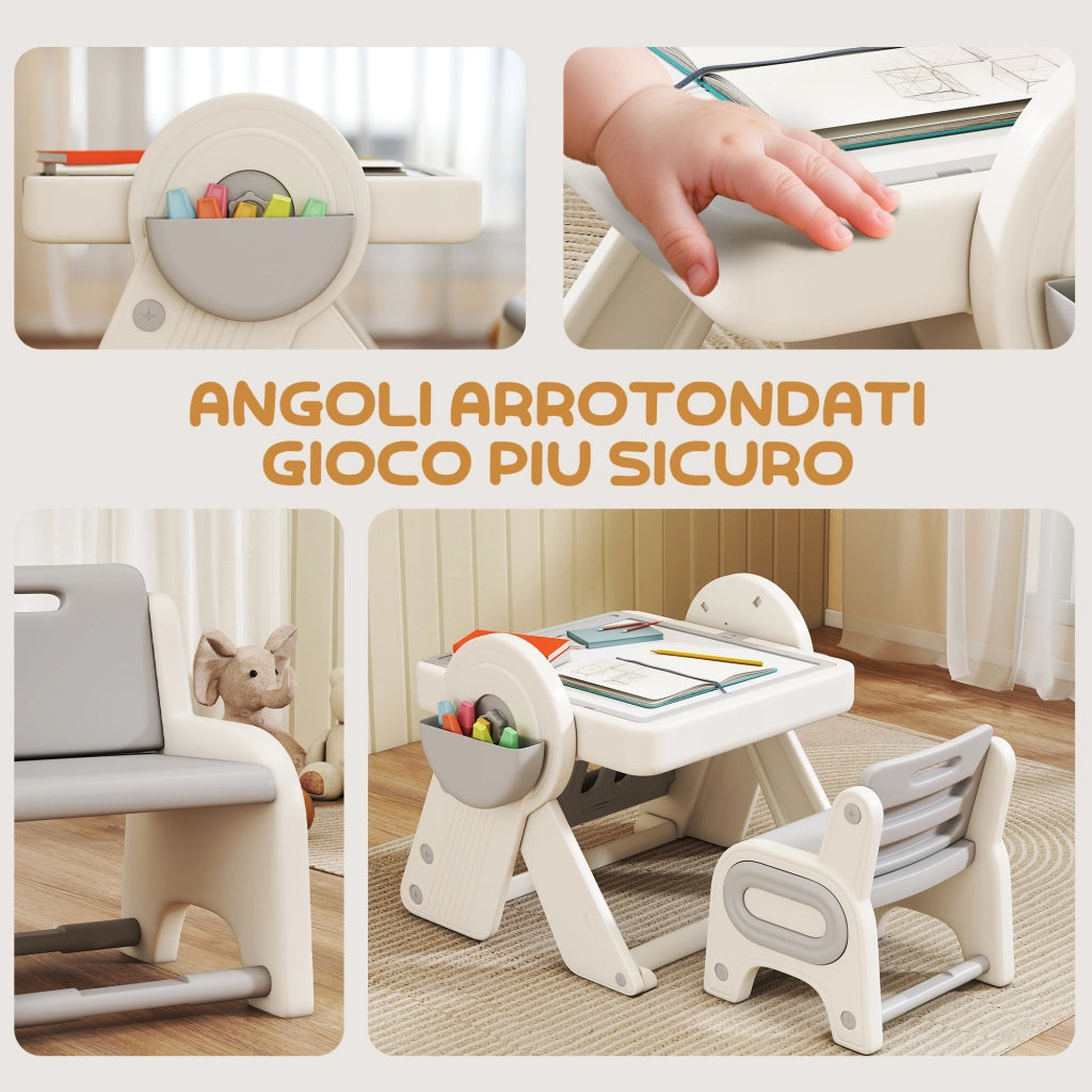 Tavolo Multiuso per Bambini con Ripiano Contenitore e Cassetti in HDPE e PP Grigio e Bianco