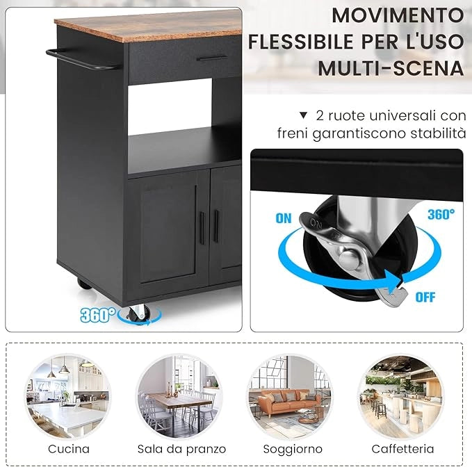 Carrello da Cucina con Ruote, Isola da Cucina con 3 Portaspezie 1 Cassetto Armadietto a 2 Porte, Carrello Portaoggetti con Portasciugamani, 82x46x92 cm (Nero)