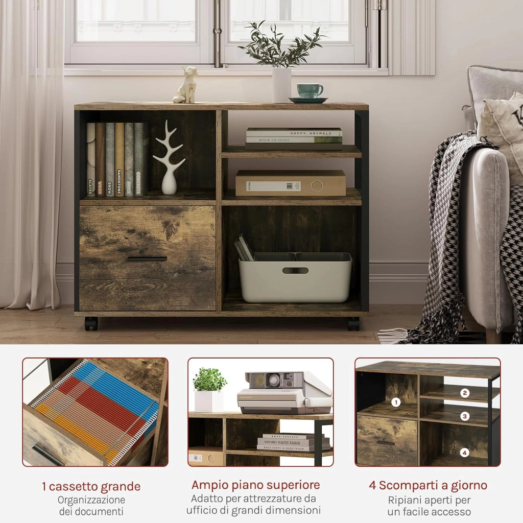 Schedario da Ufficio con 4 Scomparti a Giorno, Mobile da Ufficio per Documenti con Ruote, Mobile Vintage per Stampante con 1 Cassetto, in Legno e Metallo, Marrone Rustico e Nero, ASK05hov