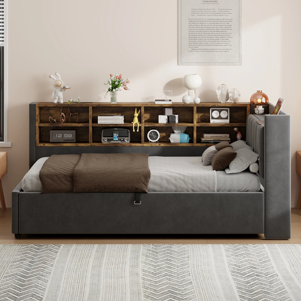 Letto imbottito 90x200 cm; testiera multifunzione con luce e porte USB e Type C; velluto; grigio