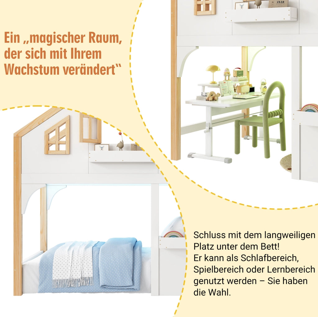 Letto a soppalco per bambini 90x200 cm in legno di pino e MDF; bianco; con LED e scala contenitore