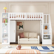 Letto a soppalco 90x200 cm in legno bianco con armadio; ripiani e scala contenitore