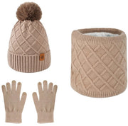 Cappello invernale intrecciato con guanti touchscreen e collare per donne, con palline soffici, guanti intrecciati caldi e collare tre-in-uno, colore kaki