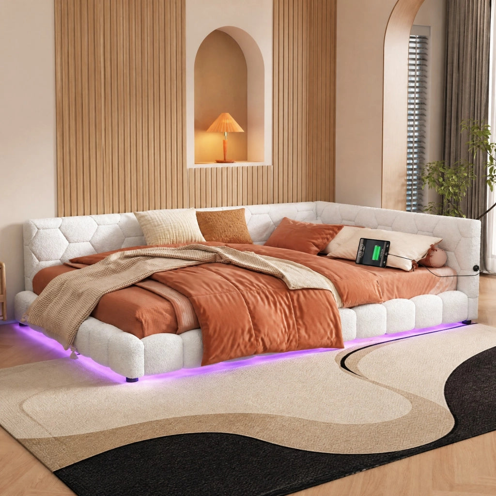 Divano letto 140x200 cm con LED, USB e Type-C bianco