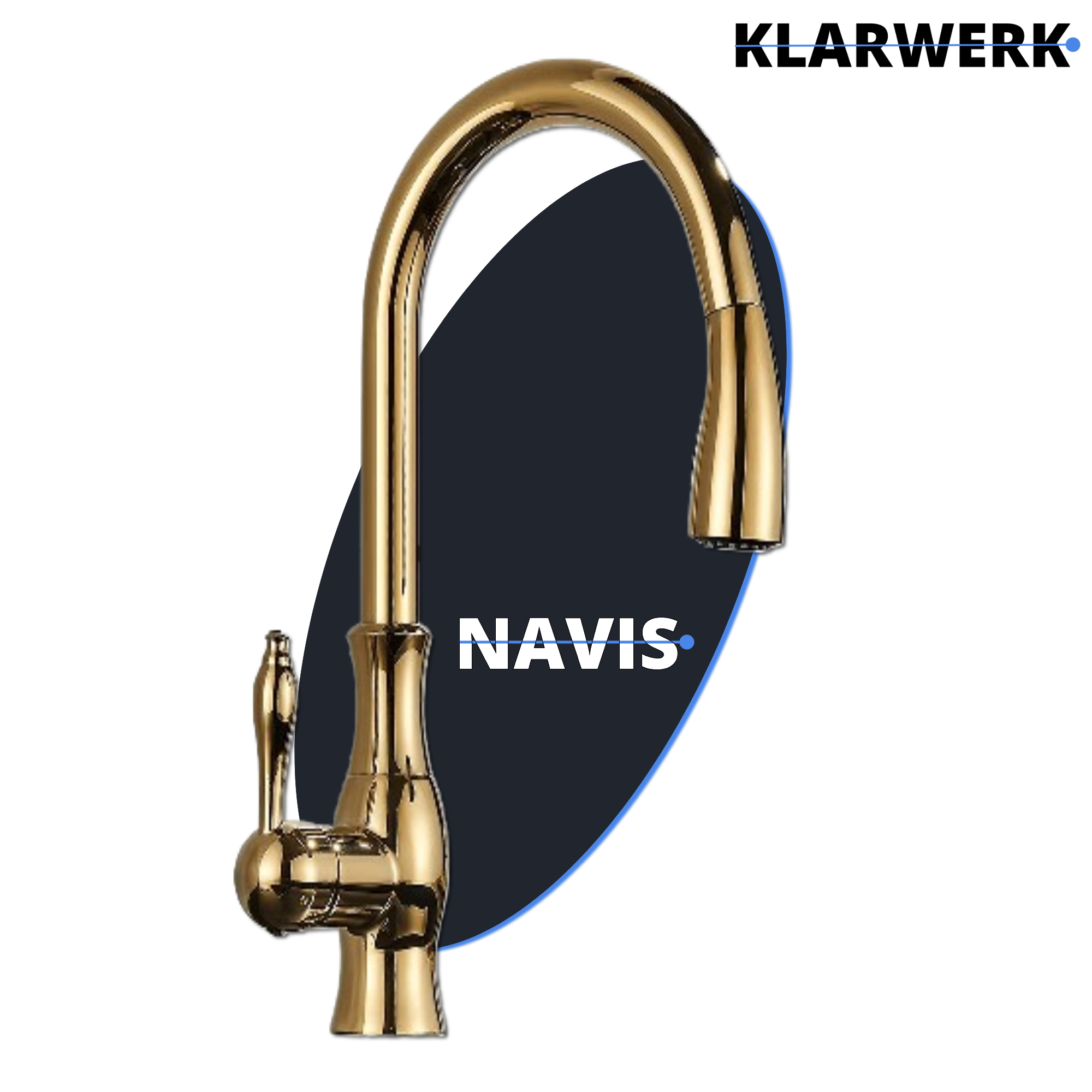 NAVIS | Elegante rubinetto cucina estraibile in acciaio inox dorato, arco alto, miscelatore di lusso, alta pressione, 360°, 2 attacchi