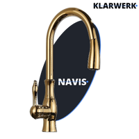 NAVIS | Elegante rubinetto cucina estraibile in acciaio inox dorato, arco alto, miscelatore di lusso, alta pressione, 360°, 2 attacchi
