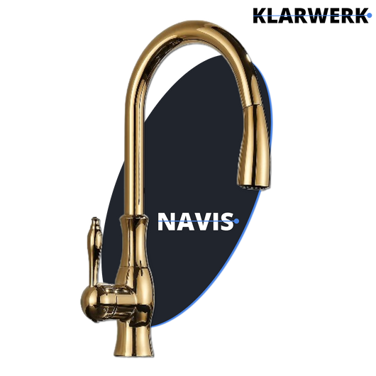 NAVIS | Elegante rubinetto cucina estraibile in acciaio inox dorato, arco alto, miscelatore di lusso, alta pressione, 360°, 2 attacchi