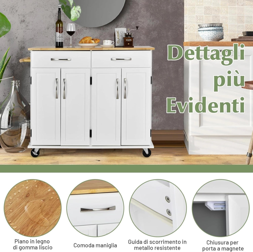 Carrello da Cucina con Cassetti, Isola Cucina con Piano in Legno di Gomma, con 4 Ante Ripiani Regolabili e Porta Asciugamani, per Cucina Bar Ristorante, 122x48x93 cm (Bianco)