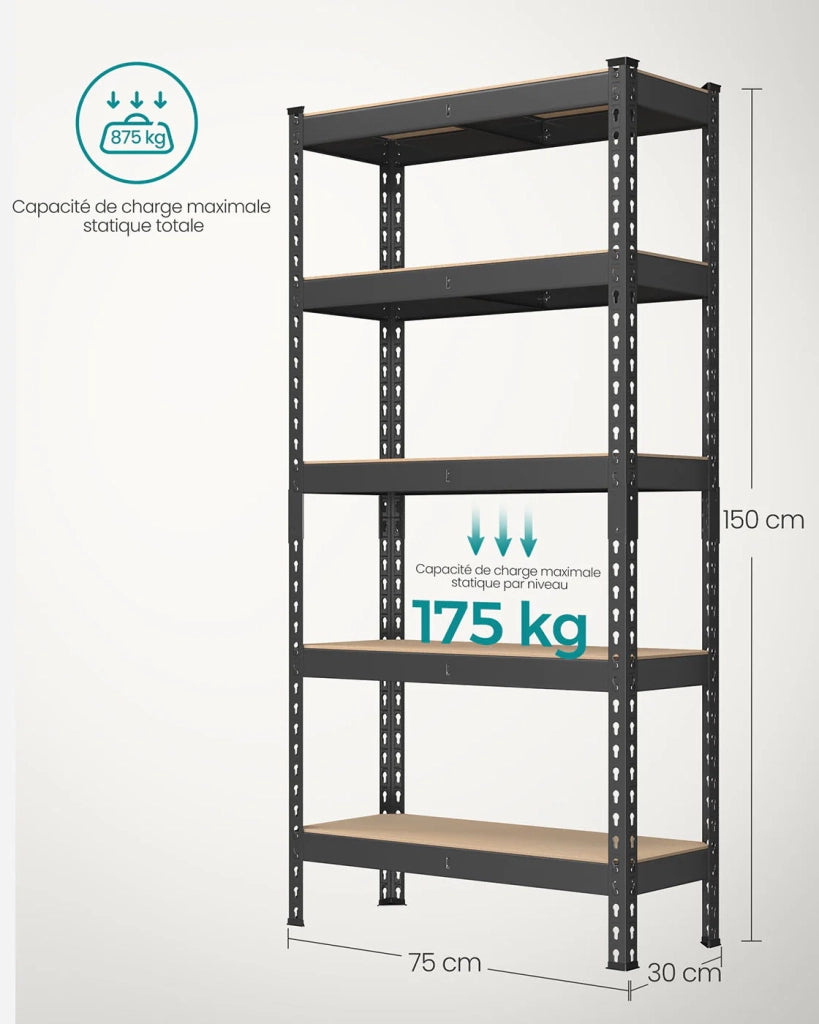 Scaffale per carichi pesanti scaffale da cucina 5 ripiani 30 x 75 x 150 cm capacità di carico 875 kg per seminterrato garage ufficio nero 12_0005789