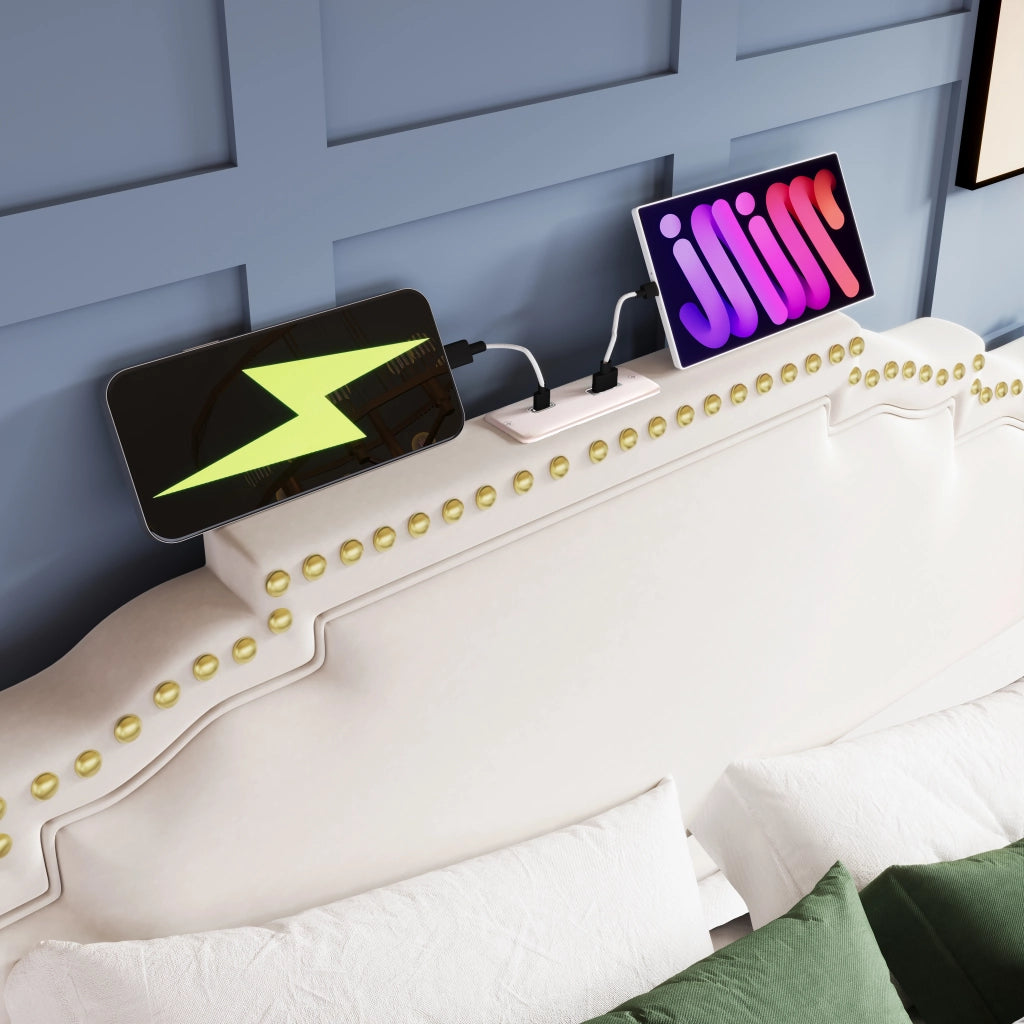 Letto matrimoniale 160x200 in velluto beige con LED, porte USB/Type-C, 4 cassetti e materasso incluso