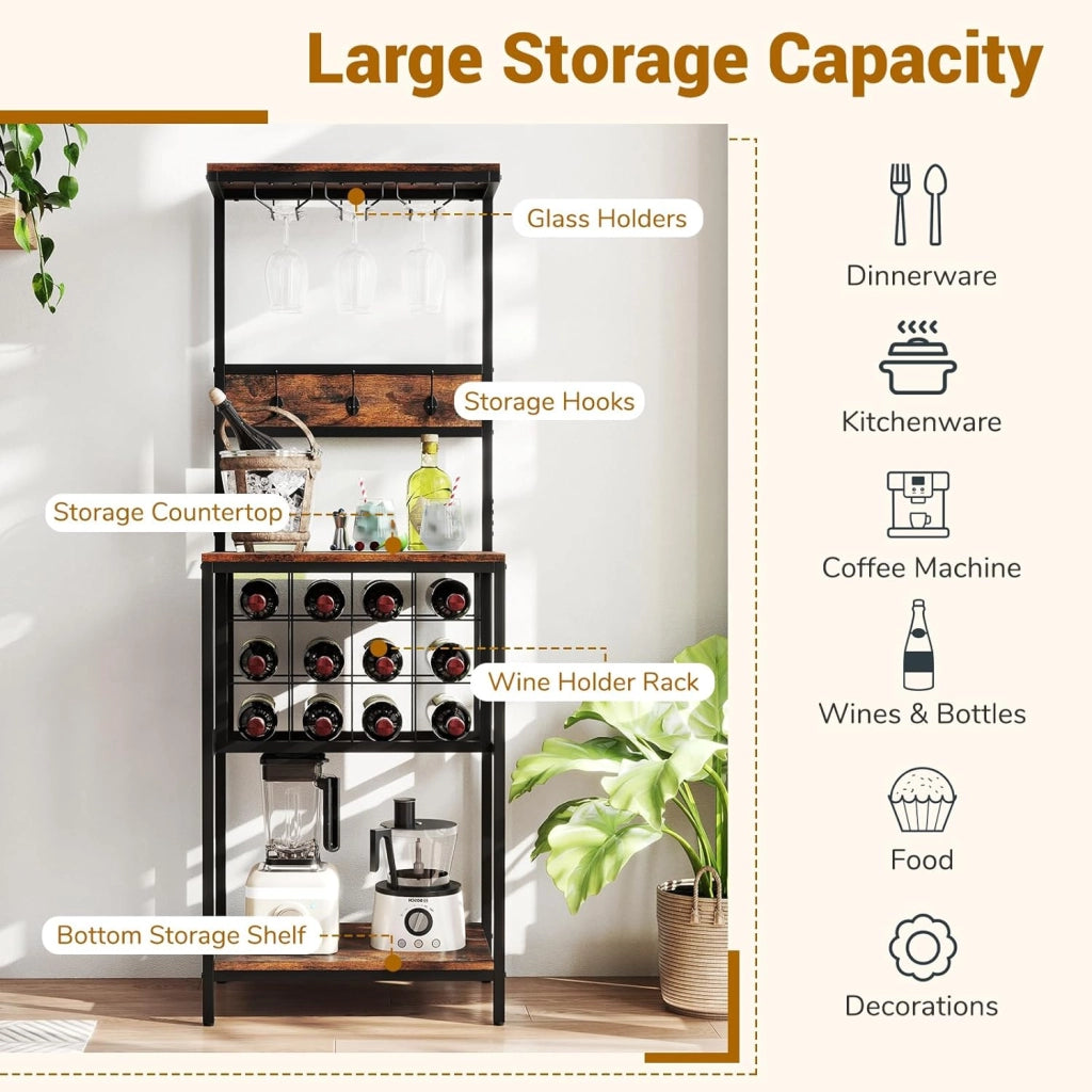 Scaffale da cucina con portabottiglie per 12 bottiglie, 3 ganci doppi e portabicchieri, 54 x 37 x 156 cm, organizer per sala da pranzo bar
