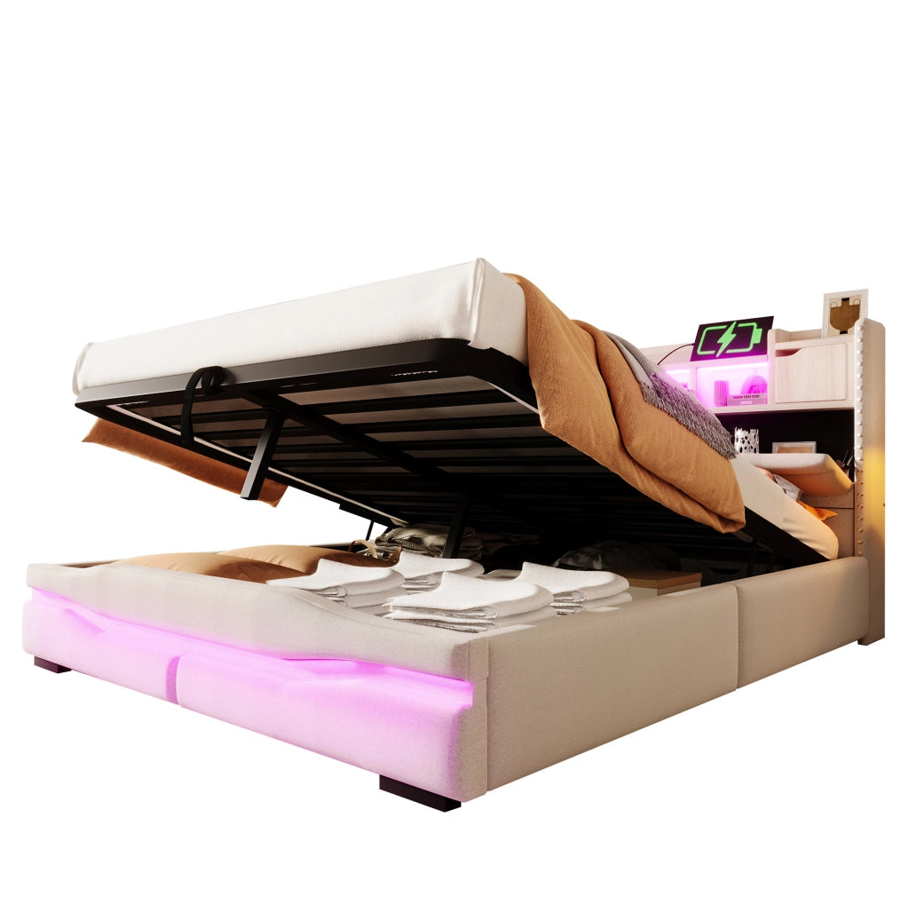 Letto matrimoniale 160x200 cm con contenitore idraulico, LED e prese USB/C