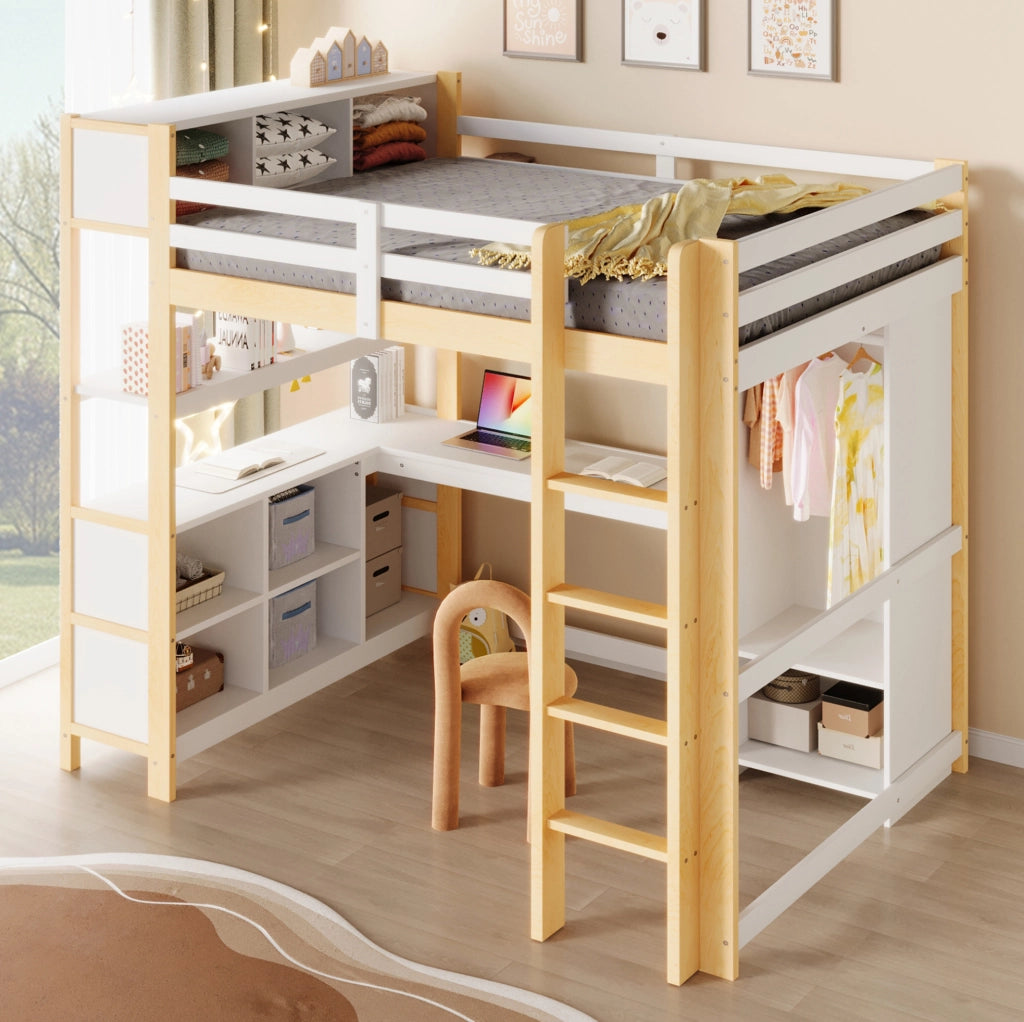 Letto a soppalco 140x200 cm con scrivania e armadio