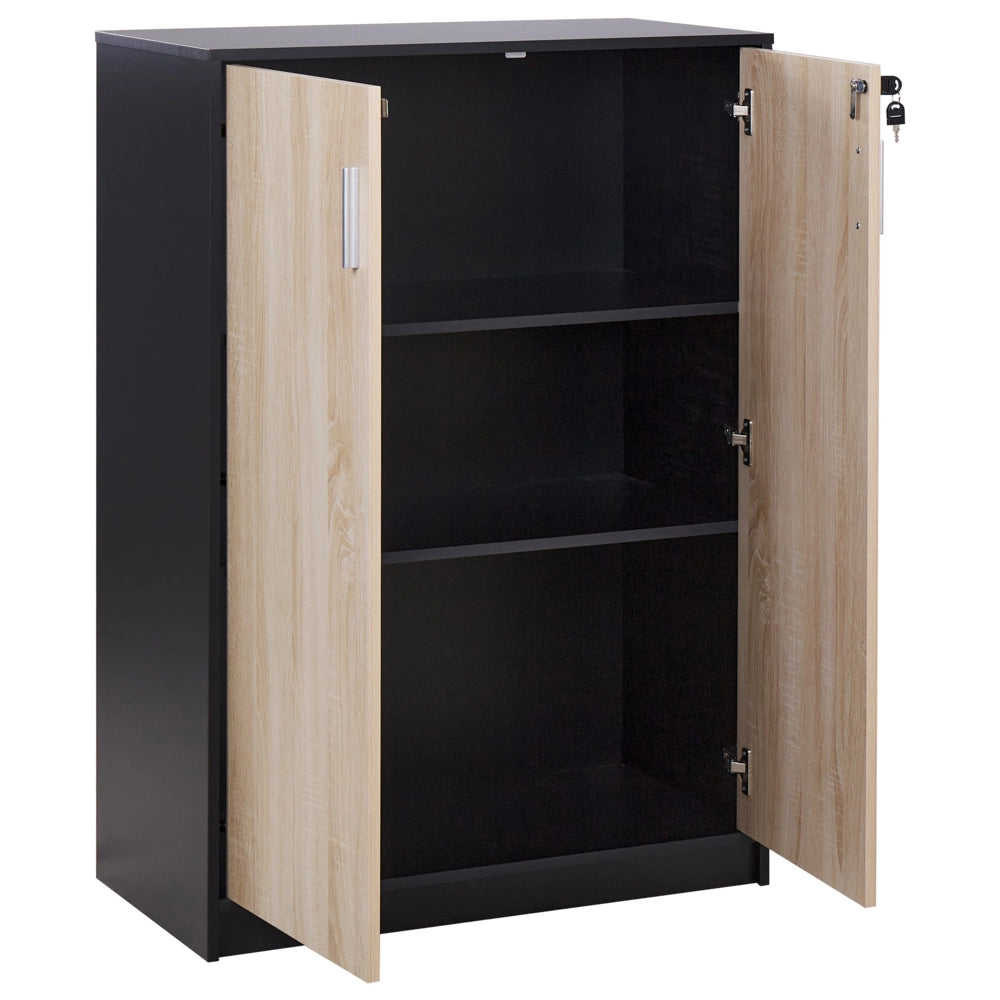 Armadietto moderno a 2 porte e 3 ripiani con chiusura a chiave in legno chiaro e nero design moderno ufficio contemporaneo