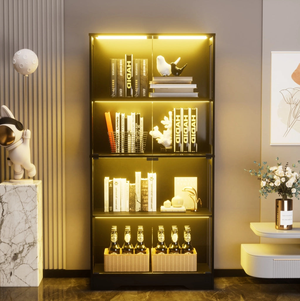 Vetrina in vetro 80 x 35 x 165 cm nera con LED, sensore, 4 ripiani