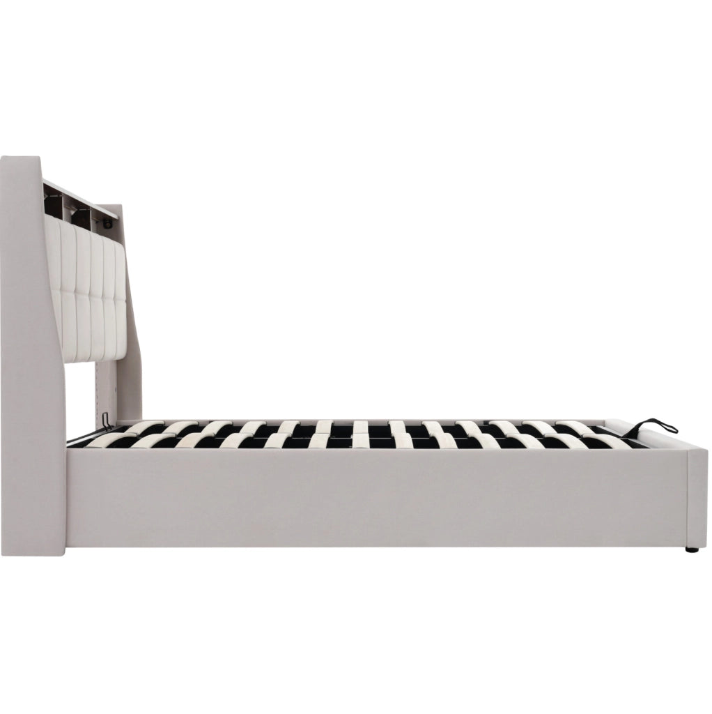 Letto matrimoniale imbottito 140x200 cm con USB; LED e contenitore; lino beige