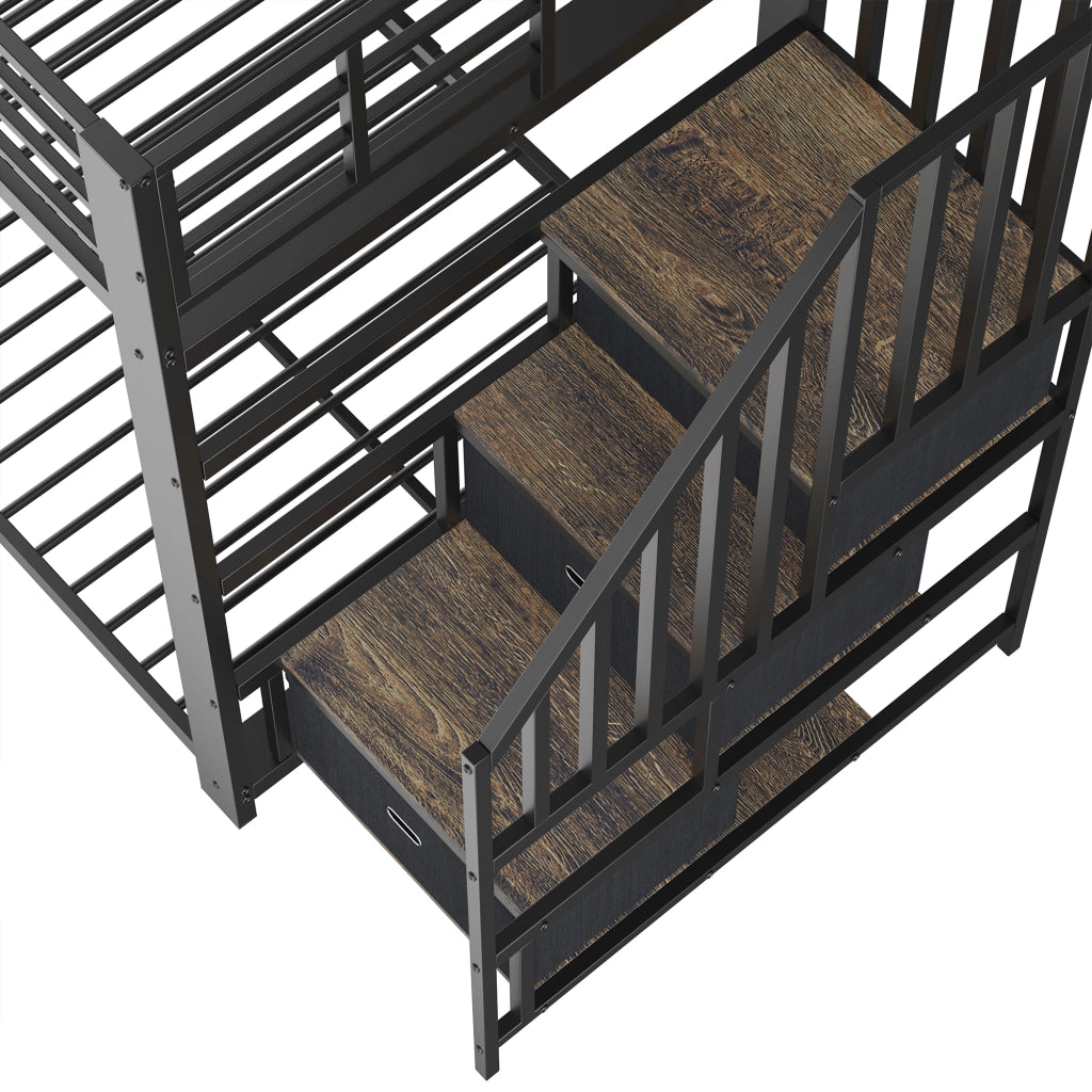 Letto a castello 90x200 cm con scala contenitore; LED e prese in MDF e metallo nero