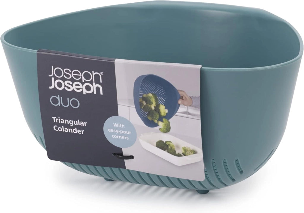 Joseph Joseph Duo Colino triangolare da lavello cucina con manico verticale, Scolapasta con angoli per facilitare la scolatura, Blu