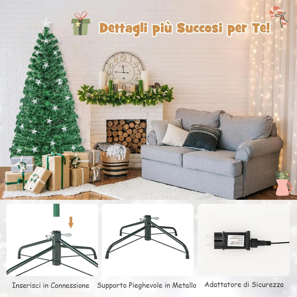 Albero di Natale 150/180 cm Pre-Illuminato, Albero di Natale Artificiale con 180/230 Punte di Ramo, 21/30 Luci a Stella Bianca Calda, Fibra Ottica e 8 Modalità di Illuminazione (150 cm)