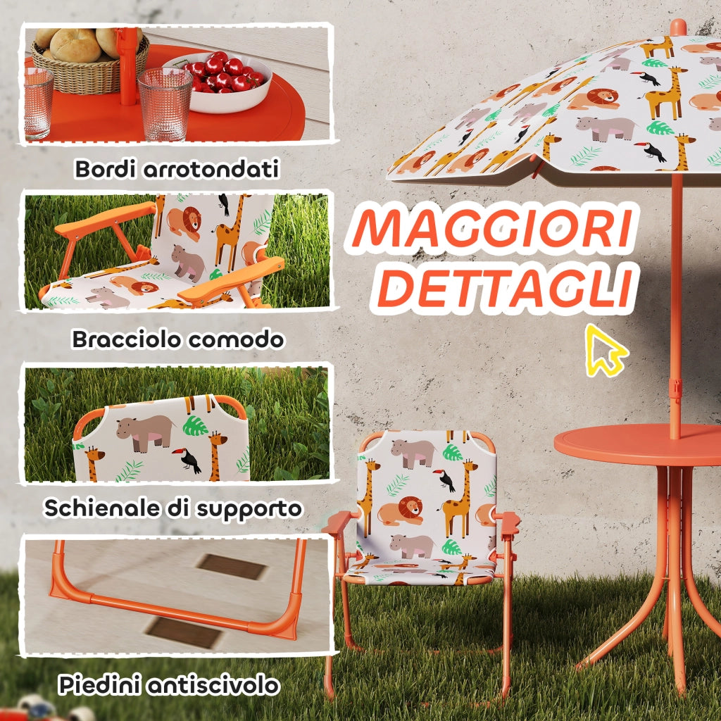 Set Tavolo e Sedie per Bambini con Ombrellone per Esterno in Acciaio Arancione