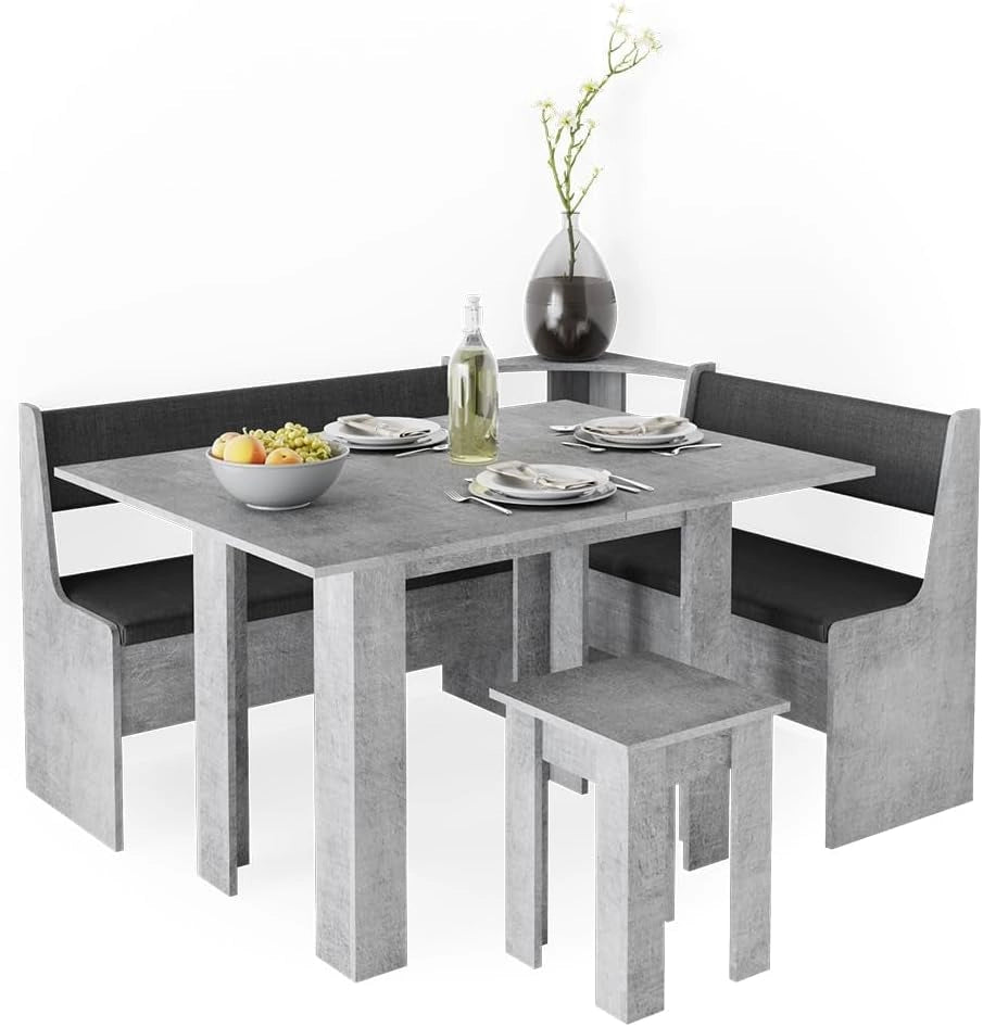 Gruppo panca ad angolo Roman, Calcestruzzo, 150 x 120 cm con tavolo, adatto per il posizionamento ad angolo in cucine e sale da pranzo