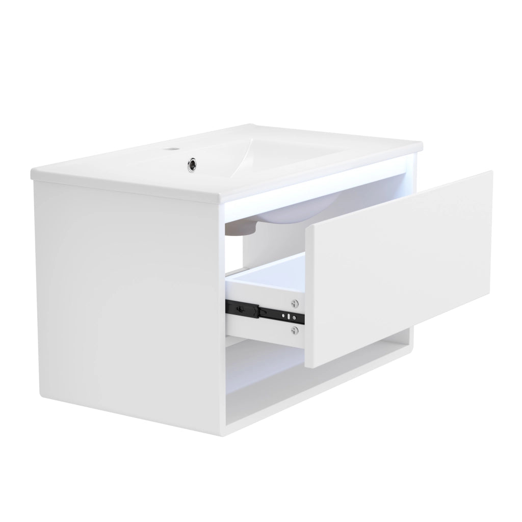 Mobile sottolavabo con LED, 1 cassetto e vano aperto, lavandino in ceramica, per bagno, bianco, 76.5 × 46 × 45 cm