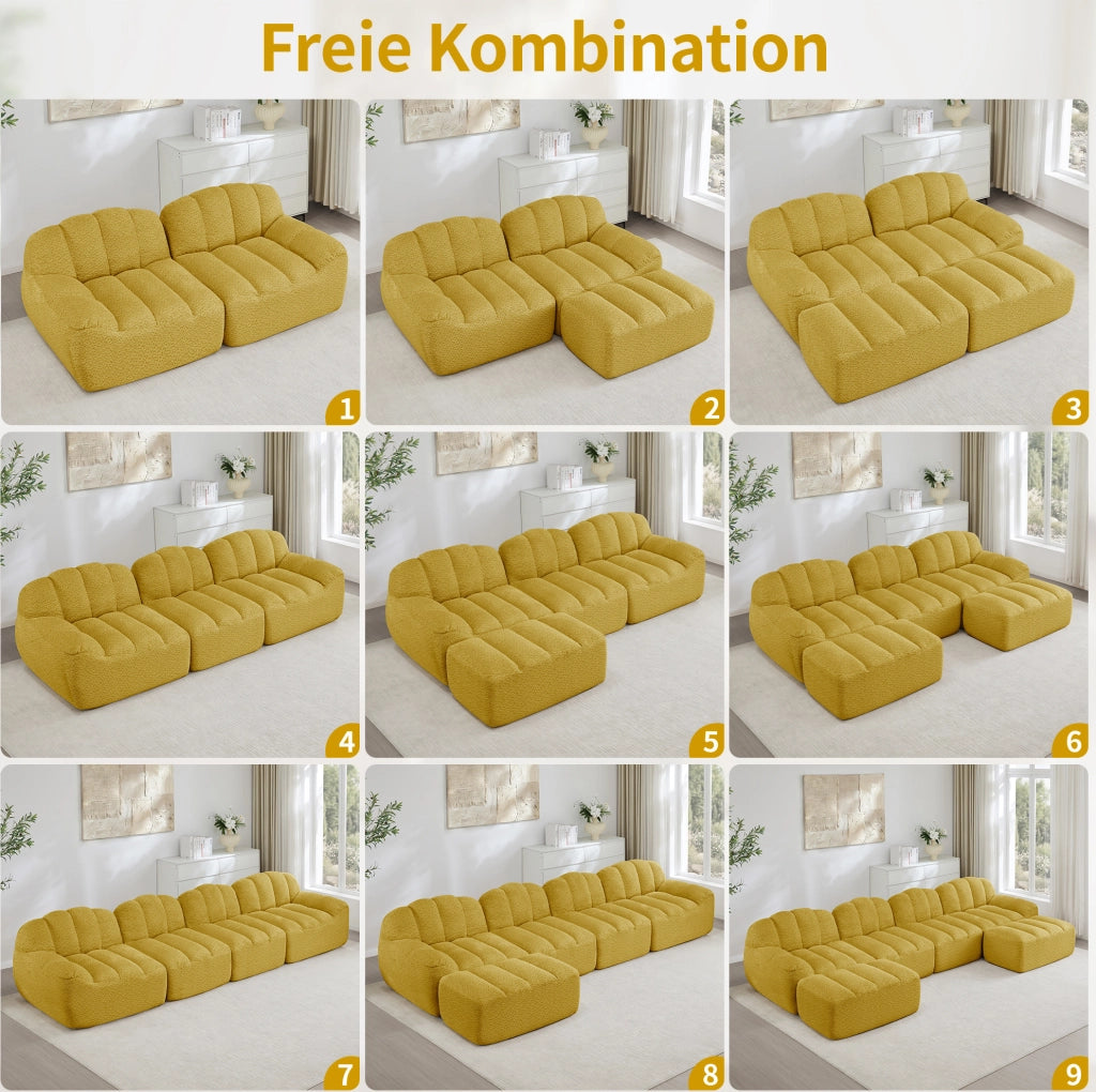 Divano modulare a 4 posti con 1 ottomano; forma a conchiglia; giallo