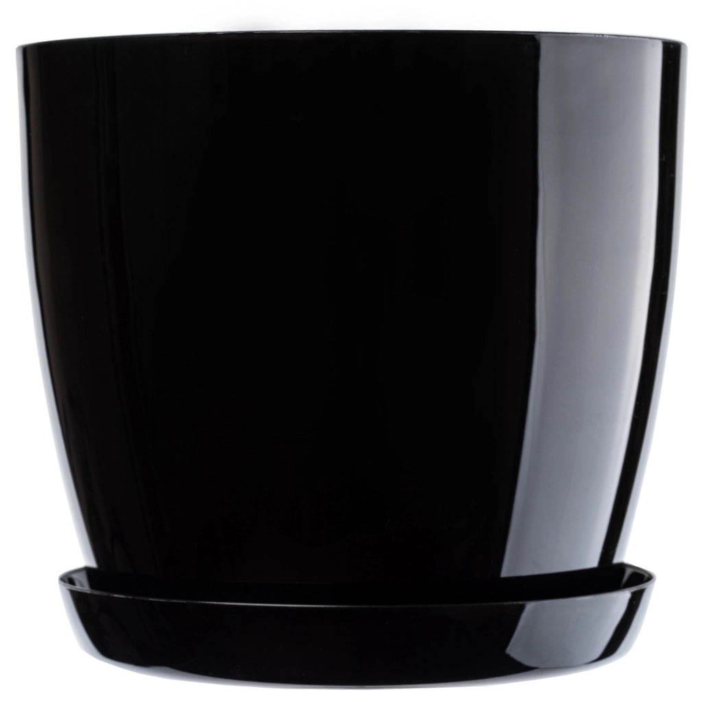Vaso da fiori KADAX con sottovaso e coperchio in plastica, 16 cm, nero lucido, rotondo.