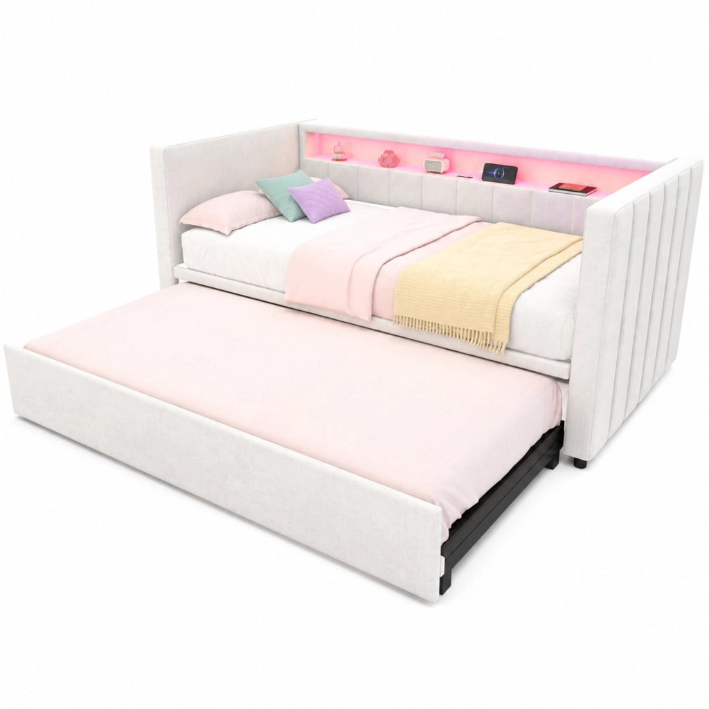 Divano letto estraibile 90x190 cm beige in velluto con LED