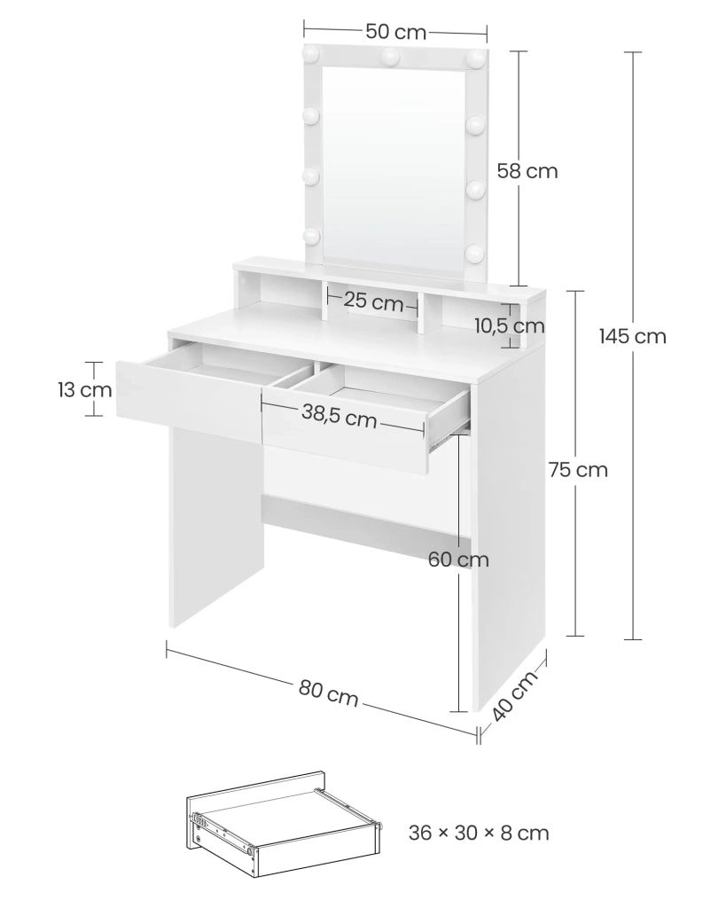 Toletta con specchio e lampadine tavolo da trucco con 2 cassetti e 3 vani portaoggetti stile moderno bianco 12_0005155