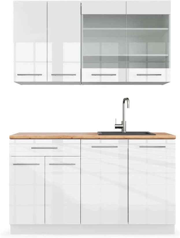 Cucina completa Fame-Line, Bianco lucido/bianco, 140 cm, PL Rovere, compatibile con i comuni elettrodomestici e abbinabile ai lavelli