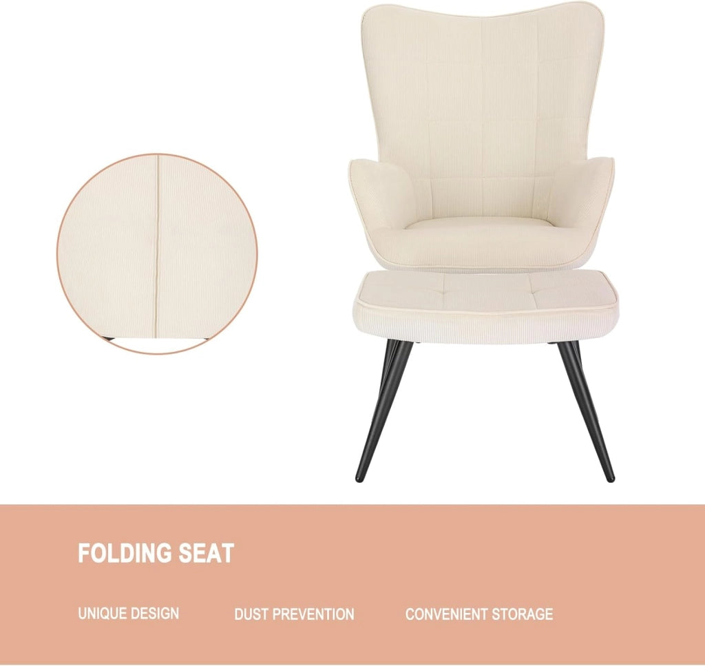 Poltrona Imbottita con Pouf Poggiapiedi Sedia Poltroncina Relax con Braccioli e Schienale Alto per Camera da Letto Salotto in Velluto,Crema SKS28cm
