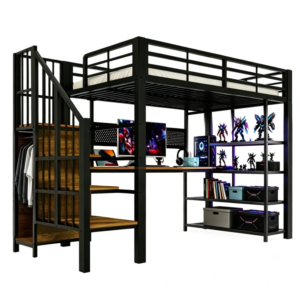 Letto a soppalco multifunzione 90x200 cm in metallo e legno; con scala contenitore; LED e prese; nero