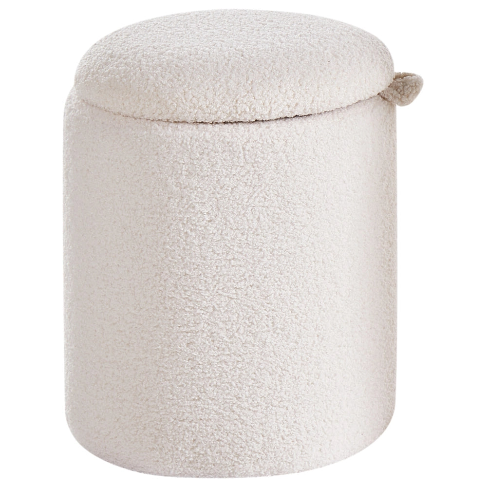 Set di 2 pouf contenitore, rivestiti in tessuto bouclé bianco sporco design rotondo e imbottito Ottomani moderni