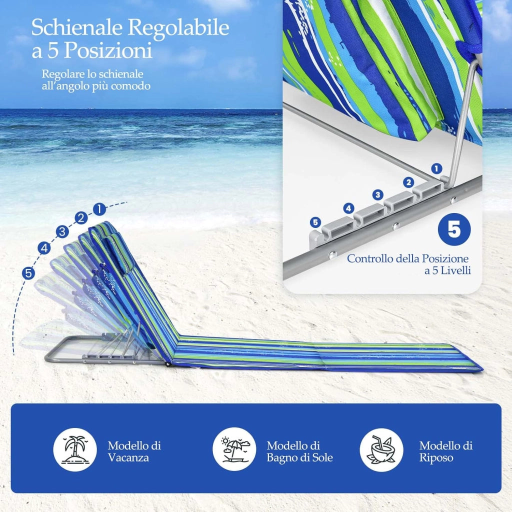 Set 2 Sdraio da Spiaggia con Tavolino, Tappettino Spiaggia Pieghevole con Schienale Reclinabile, Poggiatesta e Tasca Posteriore, Portatile con Manico, per Giardino e Campeggio (Blu + verde)